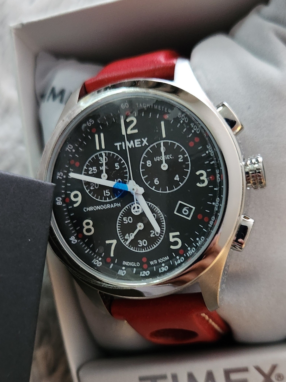 Timex Chronograph Watch with Black Dial and Red Leather Strap